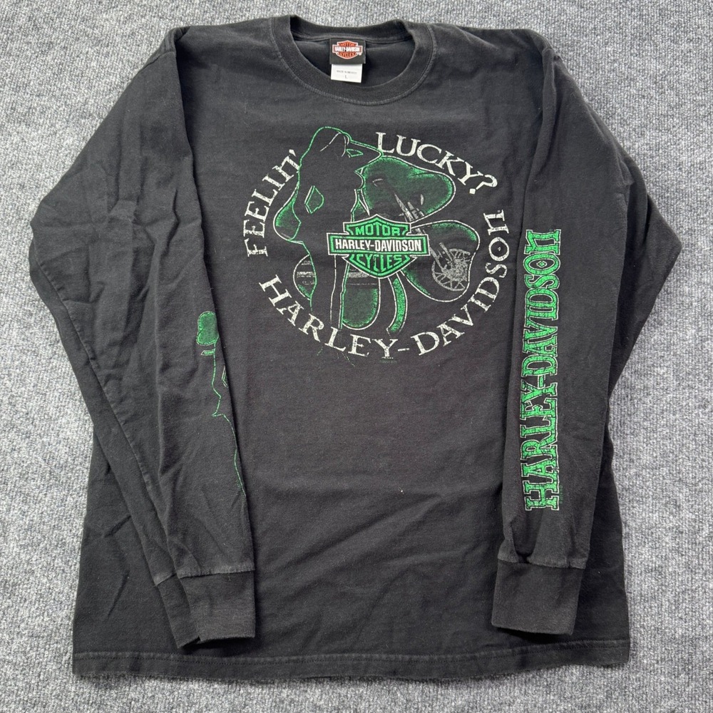 Harley Davidson Long Sleeve Shirt Mens L Black St Patricks Lucky Pinup Graphic